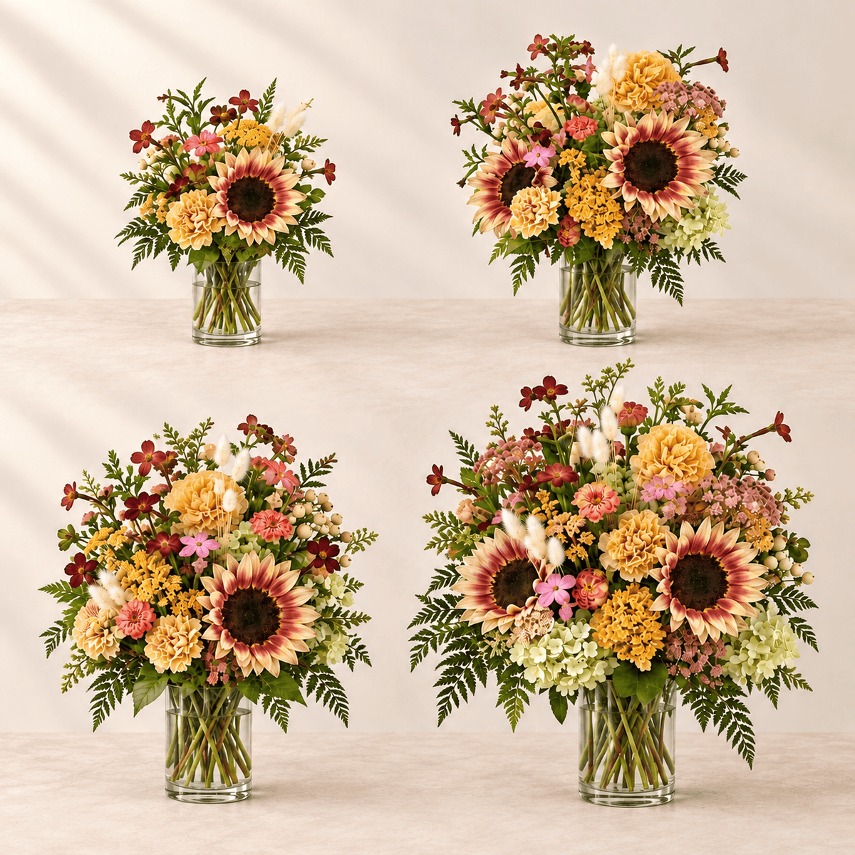 Four autumn arrangement sizes in a square comparison, with golden blooms and burgundy sunflowers.