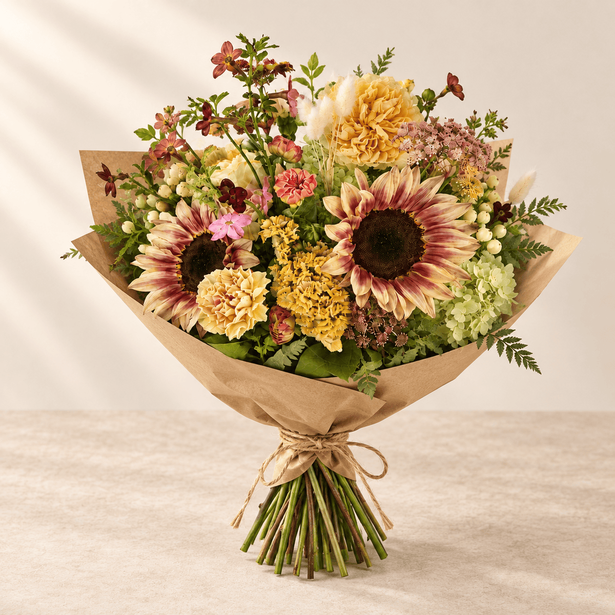 Autumn Designer's Choice hand-tied arrangement with golden blooms and burgundy sunflowers.