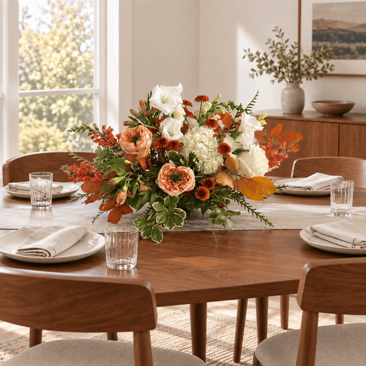 Thanksgiving centerpiece on a mid-century dining table, wider room view